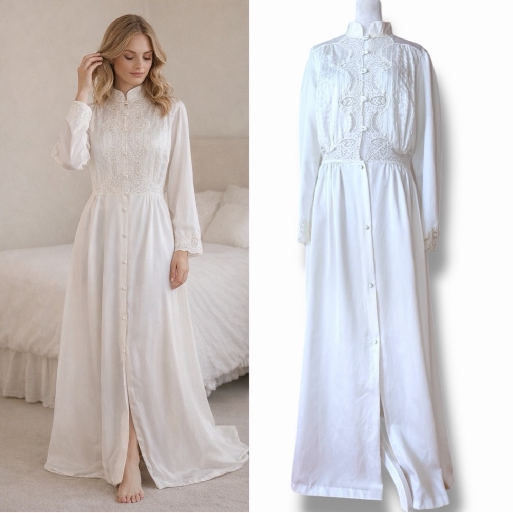 Vtg 1970’s Rosa Puleo-Szule Lily of France White Lace Maxi Duster Robe Coquette